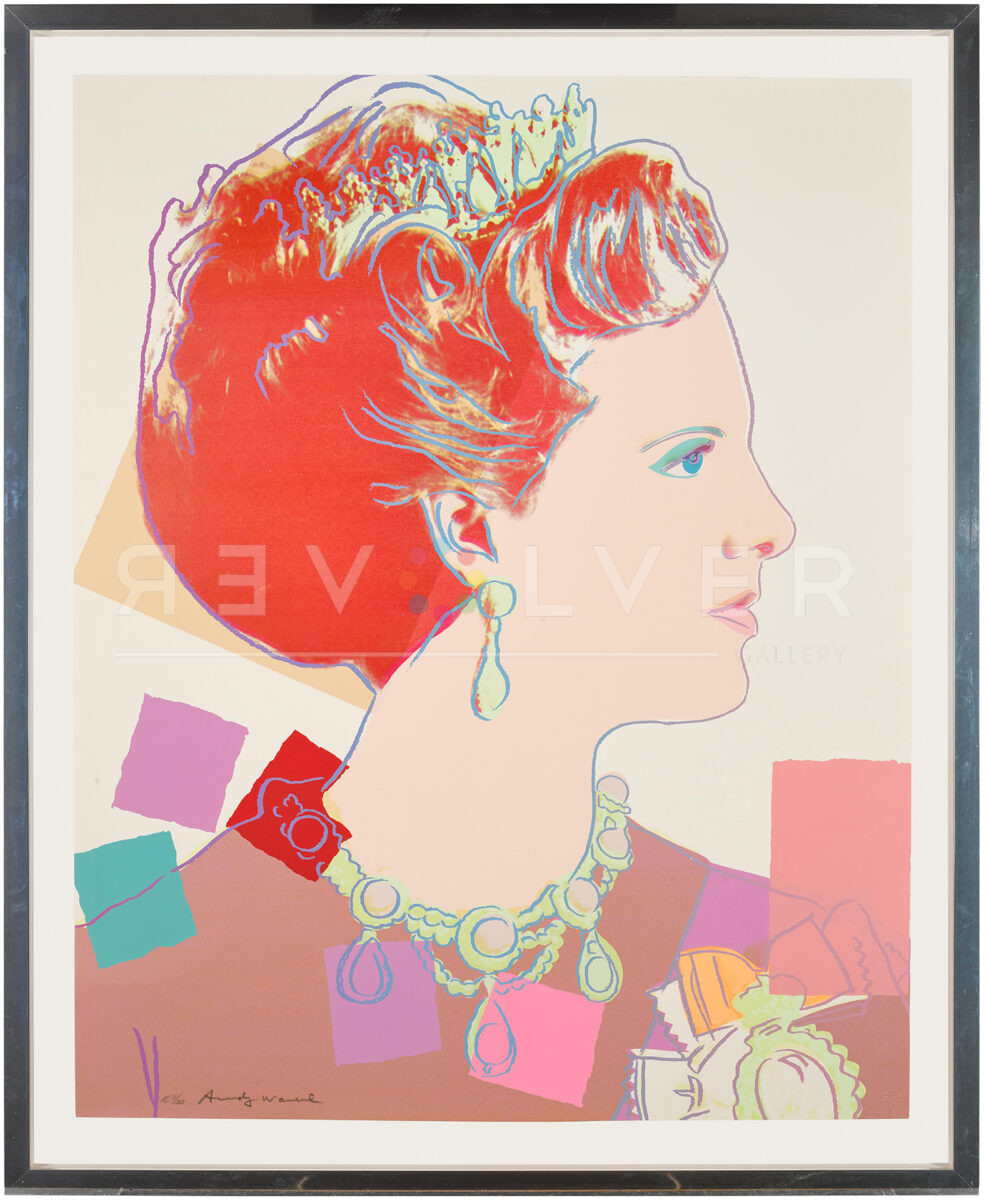 Queen Margrethe II 344 (Royal Edition) by Andy Warhol in a frame