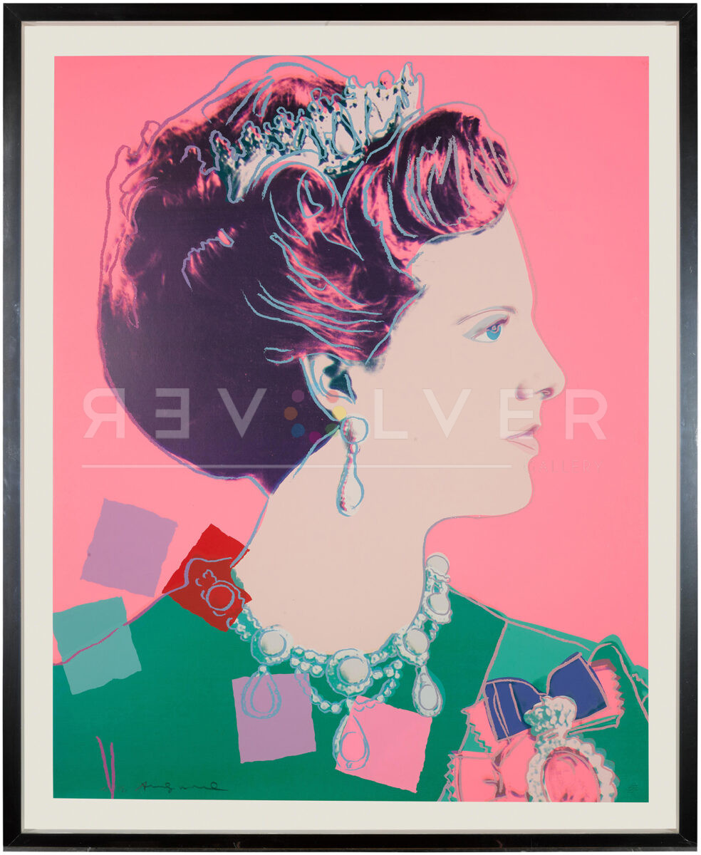 Queen Margrethe II 345 (Royal Edition) by Andy Warhol in a frame