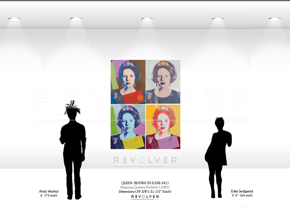 Size comparison image showing the size of the Queen Beatrix Complete Portfolio relative to the height of Warhol and Edie Sedgwick.