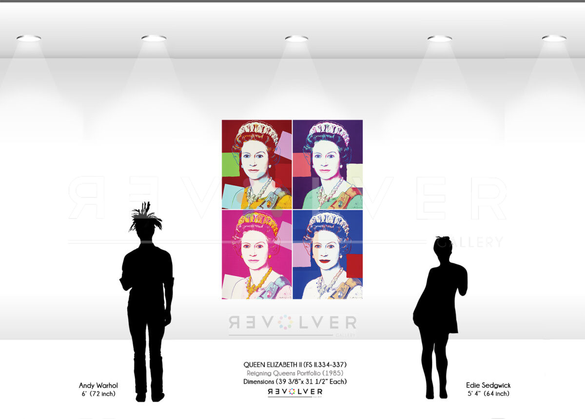 Size comparison image showing the size of the Queen Elizabeth II Complete Portfolio relative to the height of Warhol and Edie Sedgwick.