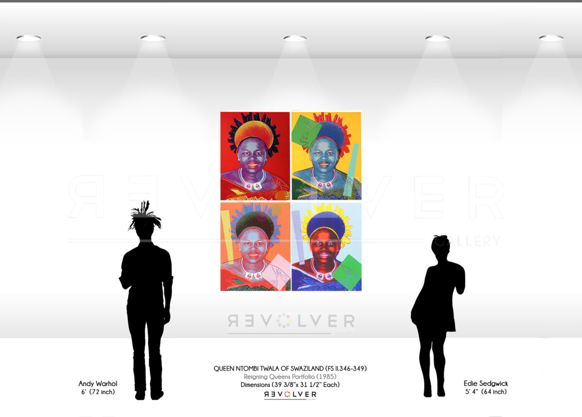 Size comparison image showing the size of the Queen Ntombi Twala Complete Portfolio relative to the height of Warhol and Edie Sedgwick.