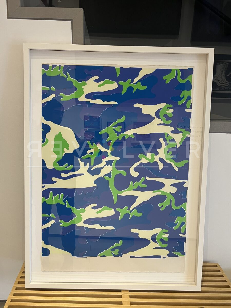 Warhol's Camouflage (Unique) screenprint framed and sitting on a bench.