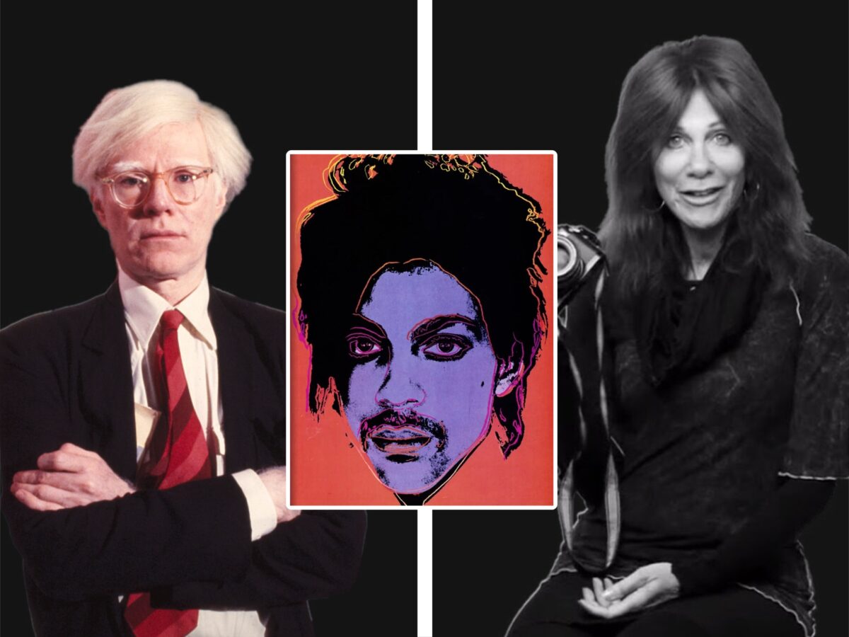 Andy Warhol and Lyn Goldsmith divided by a screenprint of Prince in the middle.