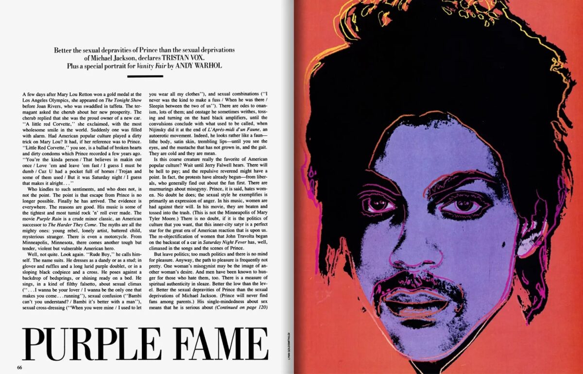The magazine spread in Vanity Fair with the Prince image that Warhol created based on Goldsmith's photograph from 1981.