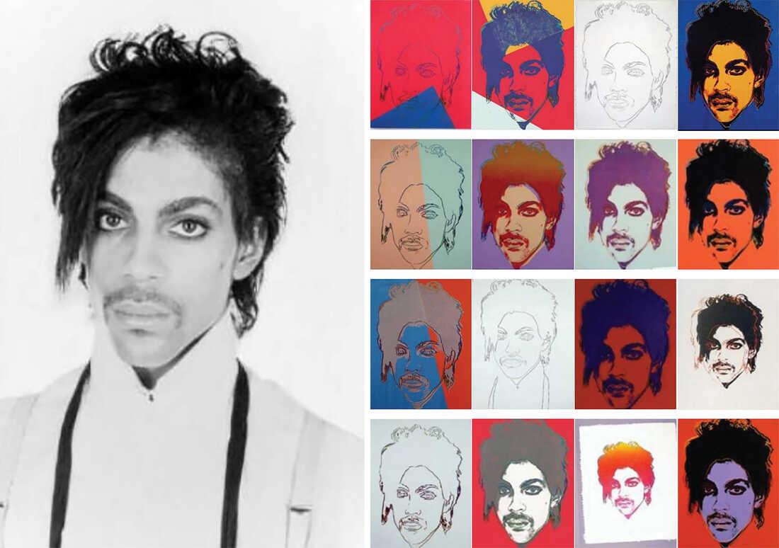 Goldsmith's original Prince photograph and most of the images from Warhol's Prince series.