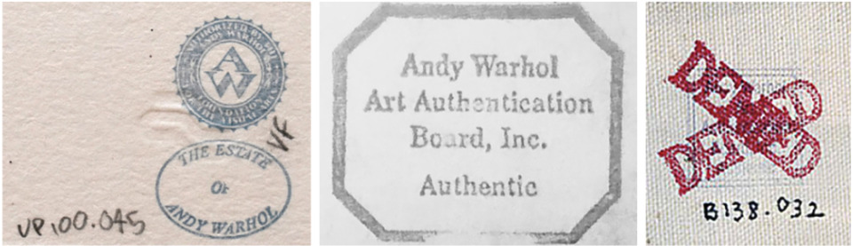 Examples of different Authentication Stamps for Andy Warhol's artwork.