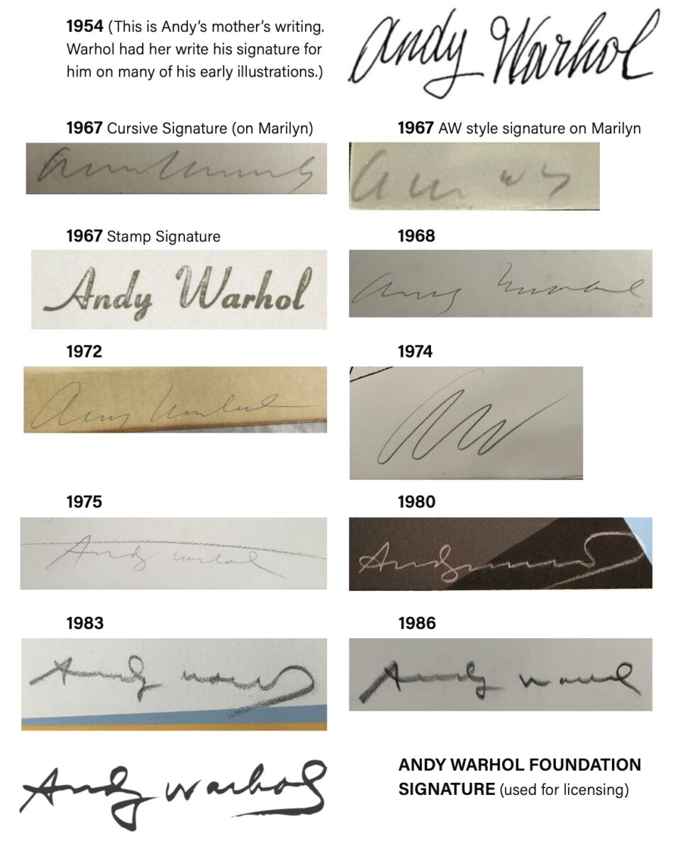 A collection of signatures by Andy Warhol throughout the years.