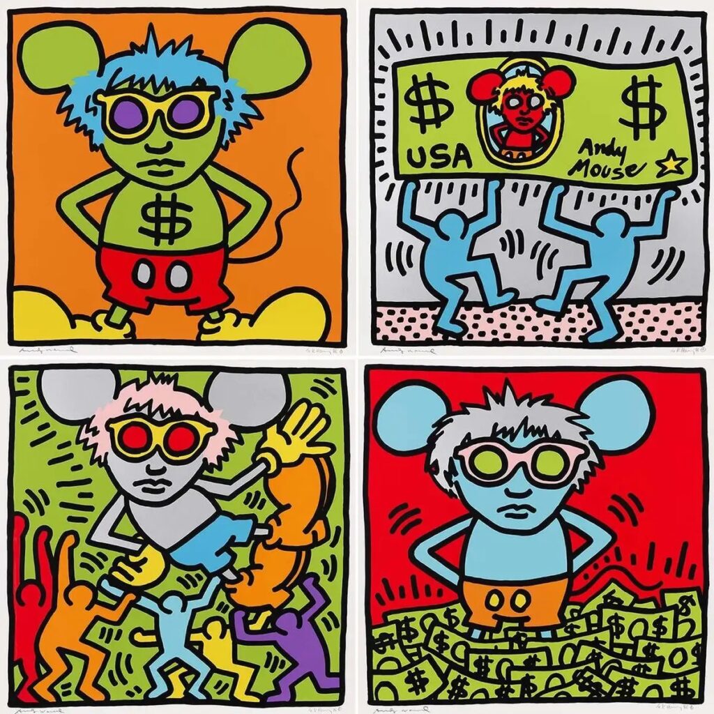 All 4 prints from Keith Haring's "Andy Mouse" series.