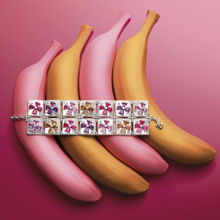 Bvlgari jewelry inspired by Warhol lays across a row of pop art-colored bananas.