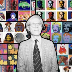 A collage of Warhol standing in front of artworks from his portfolios.