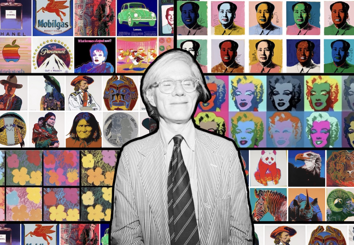 A collage of Warhol standing in front of artworks from his portfolios.