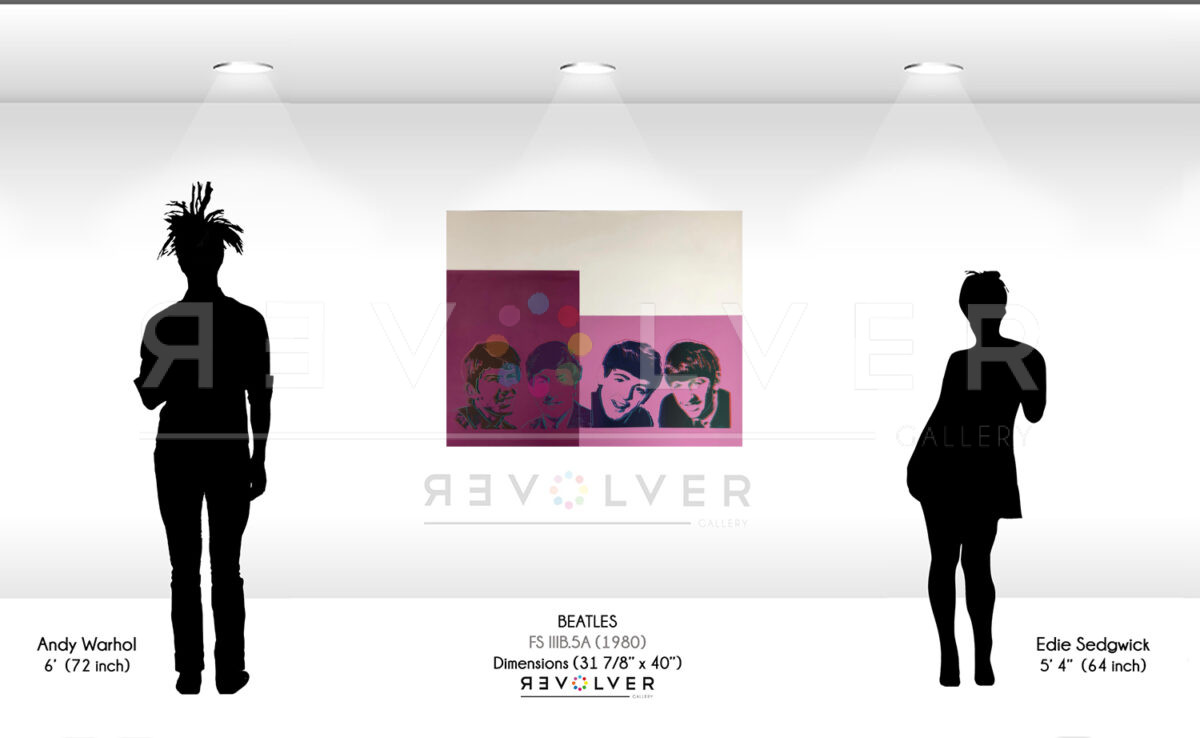 Size comparison image showing the size of the Beatles(FS IIIB.5A) relative to the height of Warhol and Edie Sedgwick.