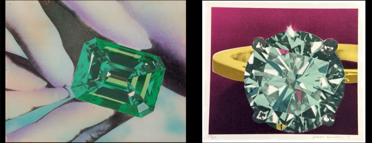 Two Gems paintings by Richard Bernstein, one showing an emerald and the other showing a diamond.
