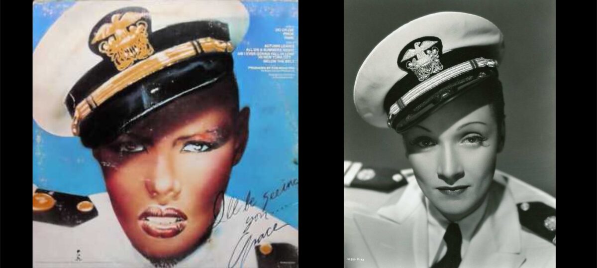 The back cover of Grace Jones album "Fame" by Richard Bernstein, showing Grace Jones dress in sailor-drag, next to a portrait of Greta Garbo in the same outfit.