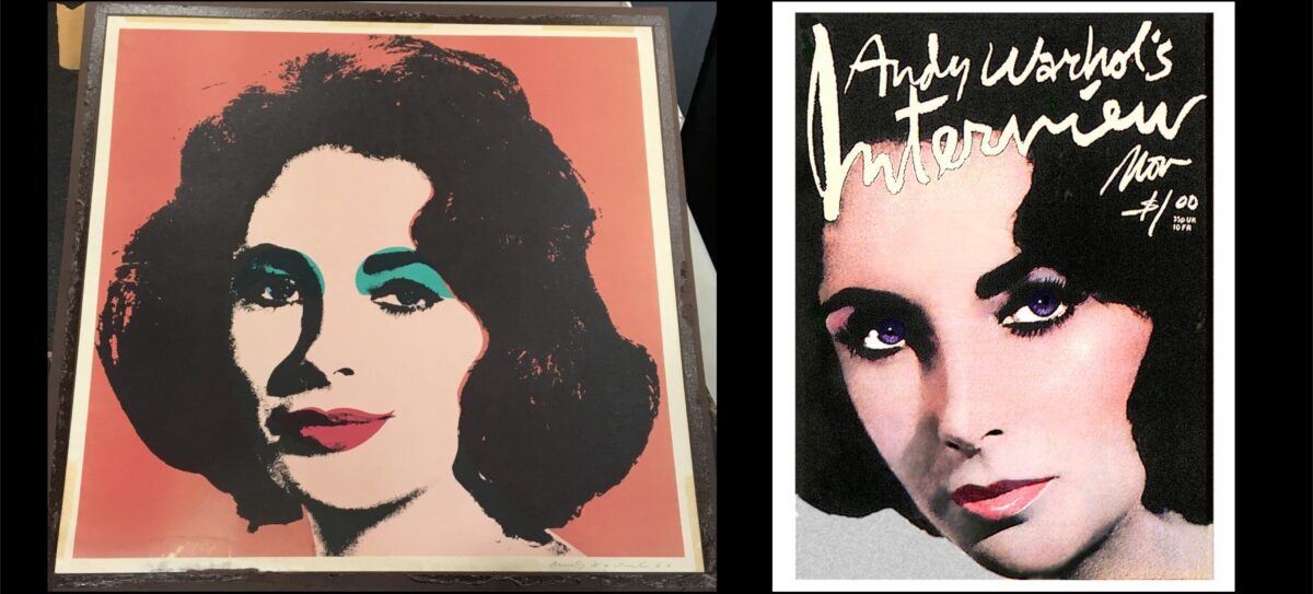 Warhol's Liz Taylor print next to Bernstein's depiction of Taylor for Interview Magazine.