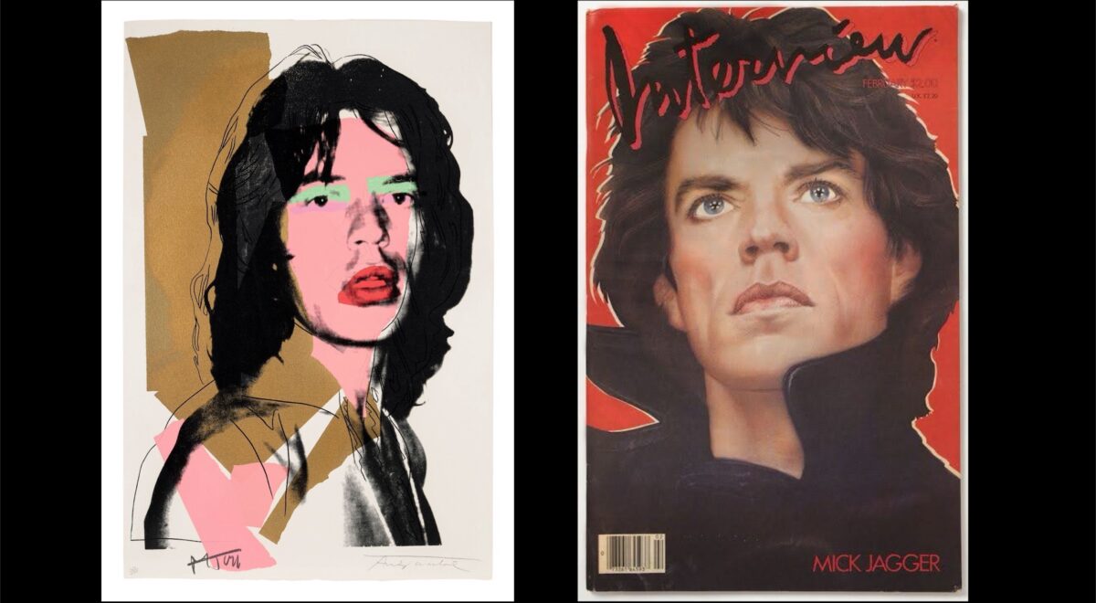 Warhol's Mick Jagger print next to Richard Bernstein's painting of Jagger for Interview Magazine, showing the similarities and differences in the artists' styles.