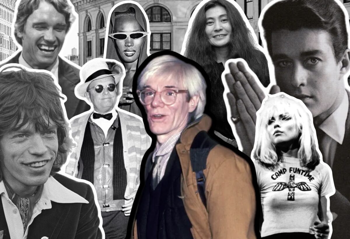 A collage of Andy Warhol and many of his friends, including Yoko Ono, Debbie Harry, and Grace Jones.